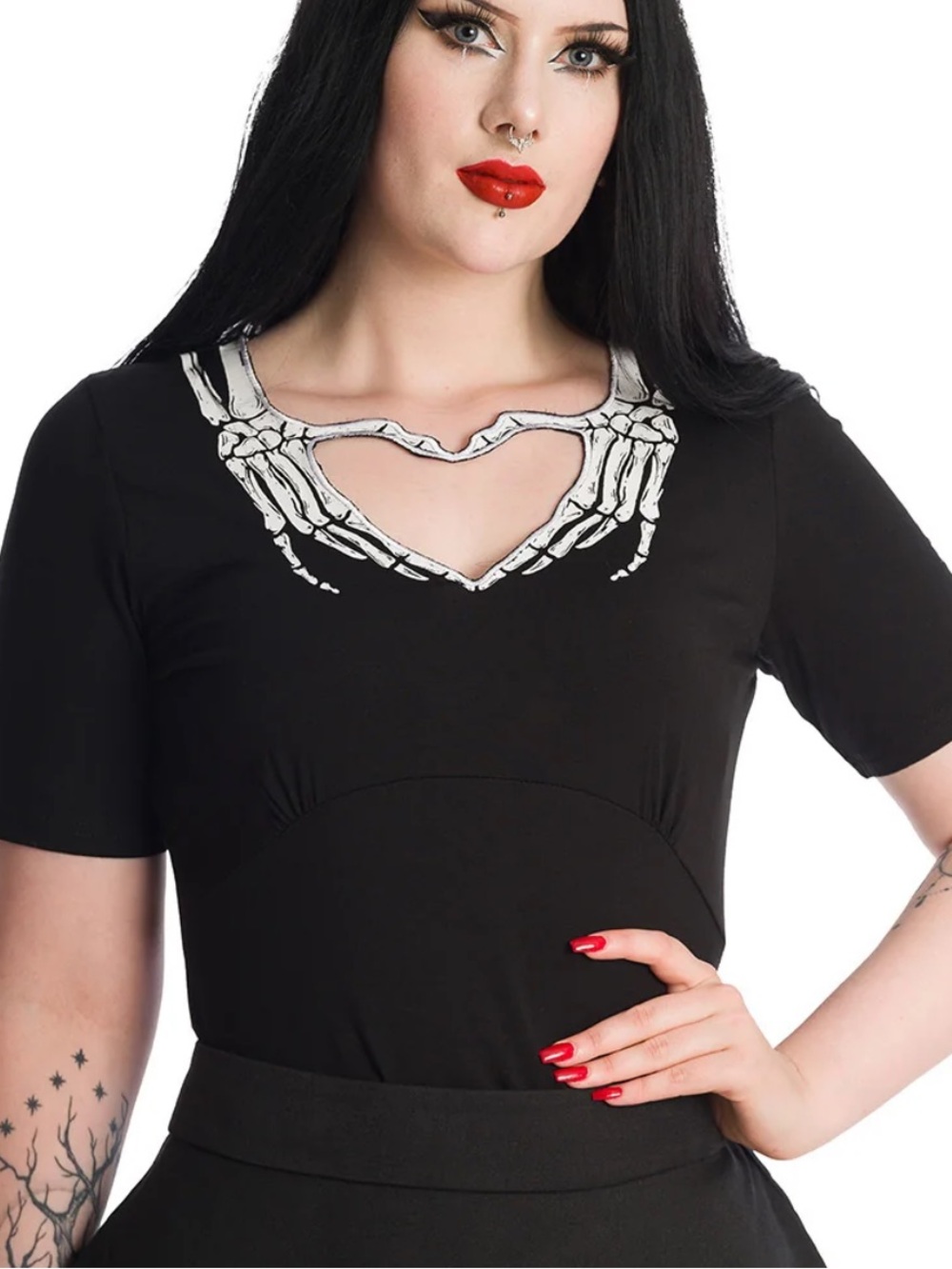 Black Short-Sleeve Tee with Skeleton Hand Heart Cutout
